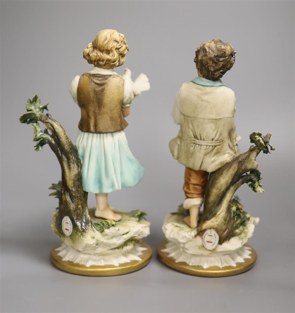 A pair of Capodimonte figures, Boy with Rabbit and Girl with Doves, height 24cm